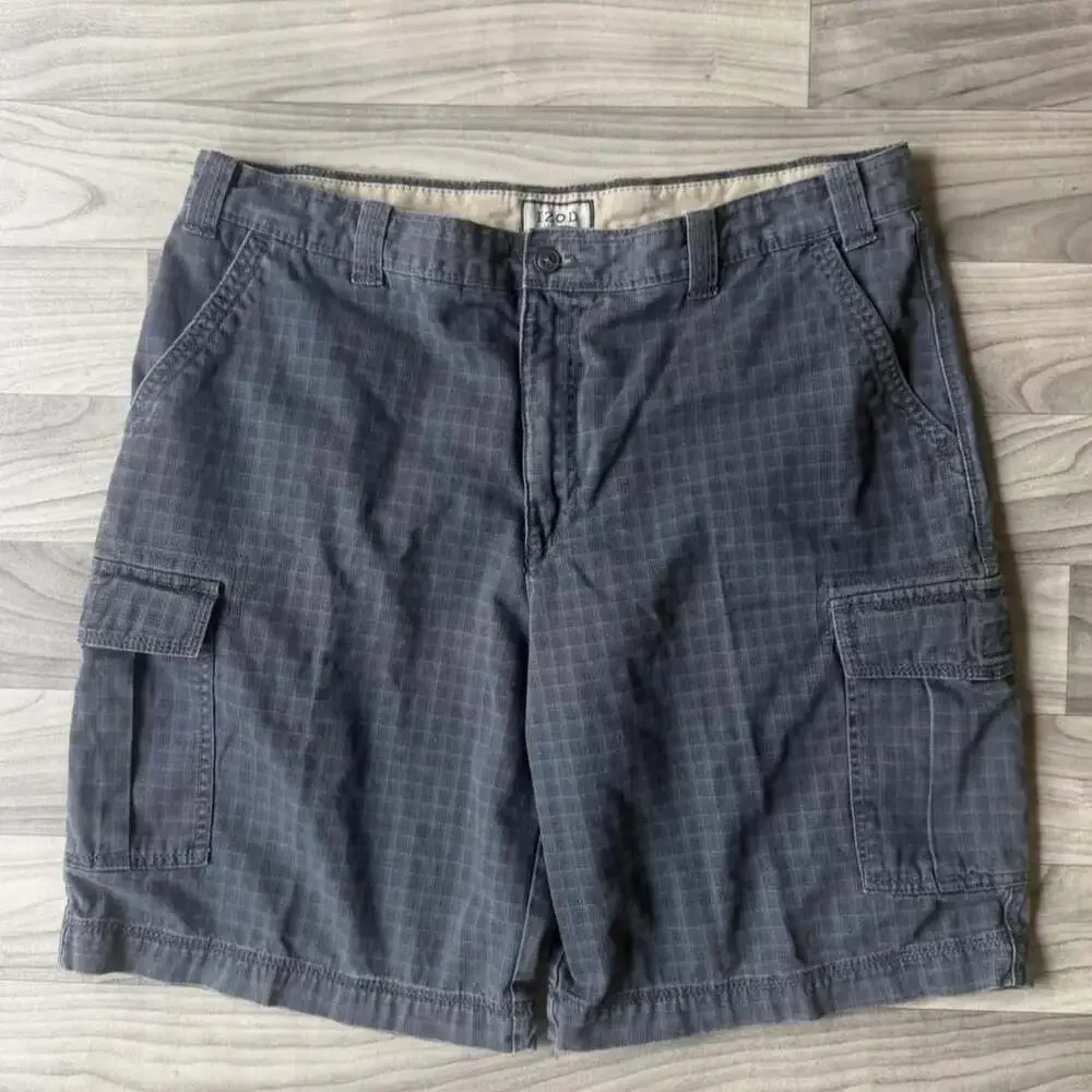 IZOD Vintage Y2K Cargo Shorts Gray Plaid Size 38